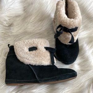80%20 Anthropologie Suede Shearling Wedge Booties 8.5